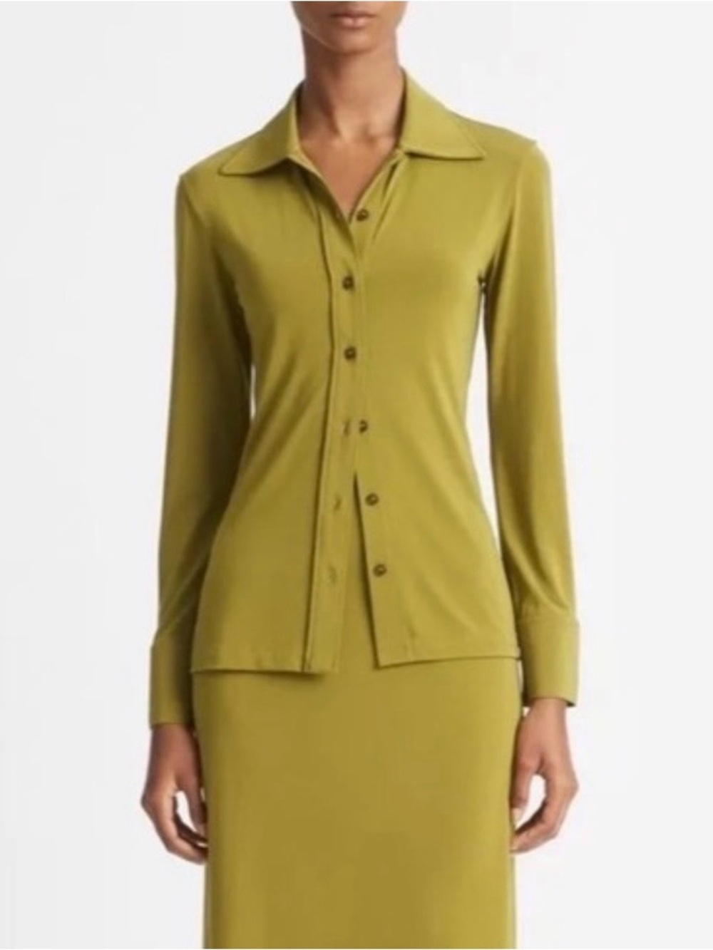 Vince Olive Green Slim Fit Button-Up Blouse | Stretch Knit | Size S